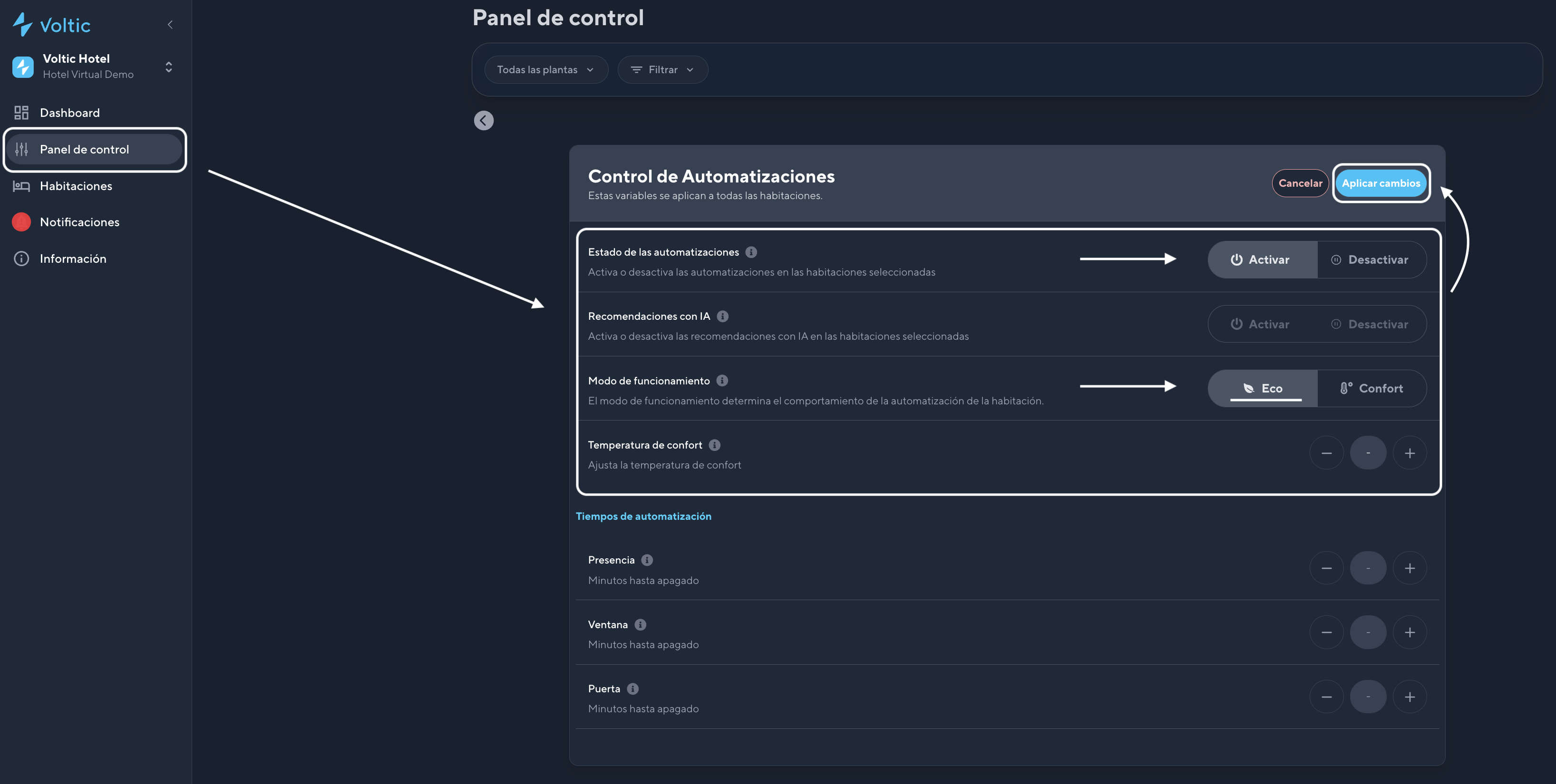 Activación del modo ECO — configuración centralizada