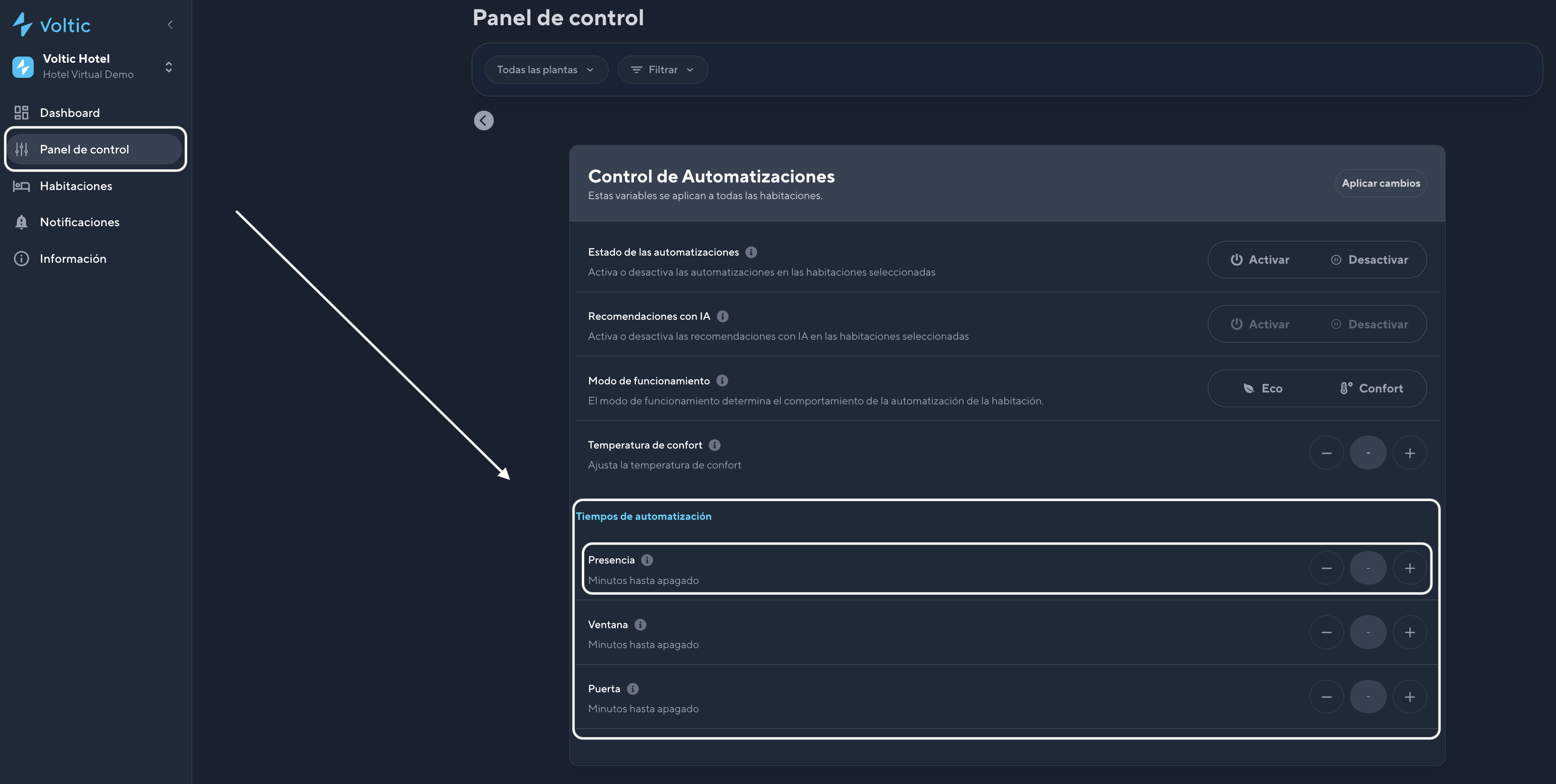 Configuración de tiempos de automatización — Presencia