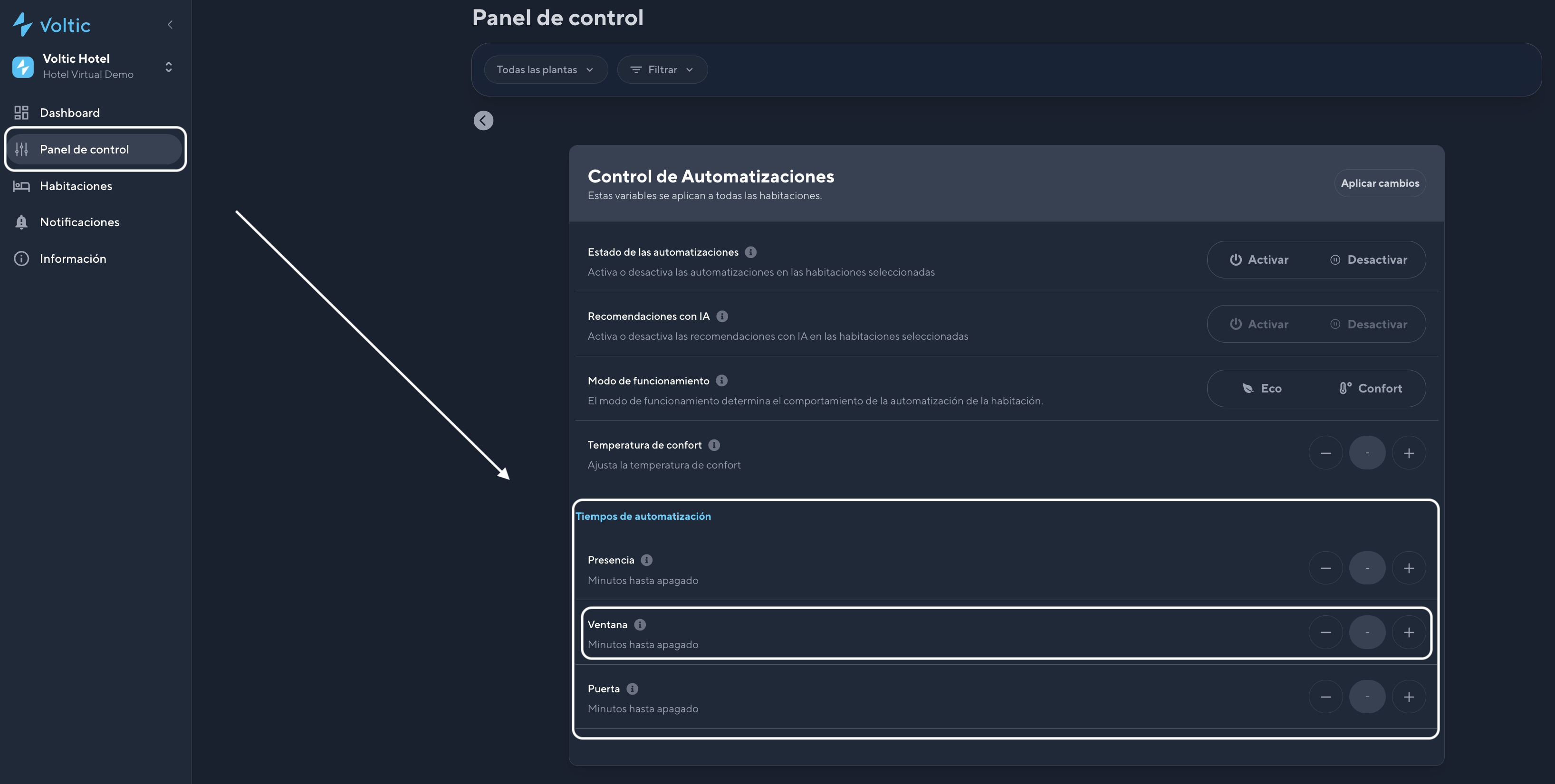 Configuración de tiempos de automatización — Ventana
